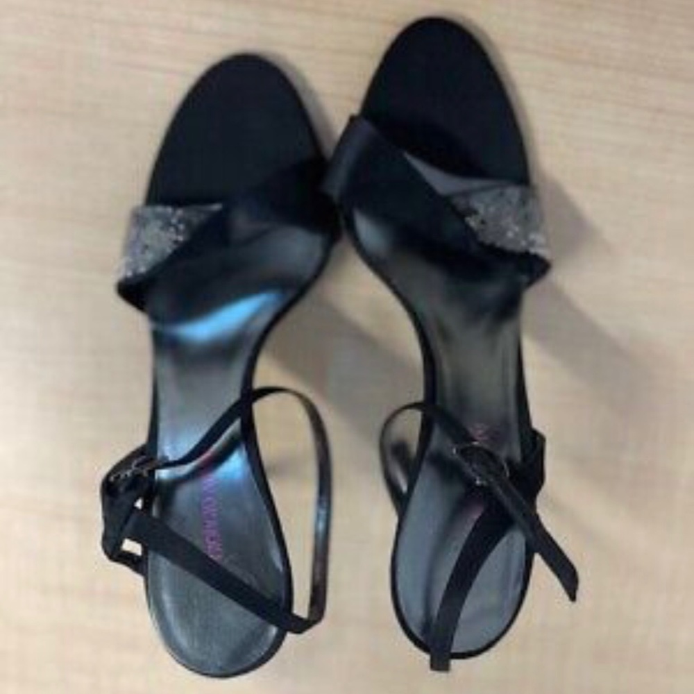 Giorgio Armani black satin rhinestone strappy sandals